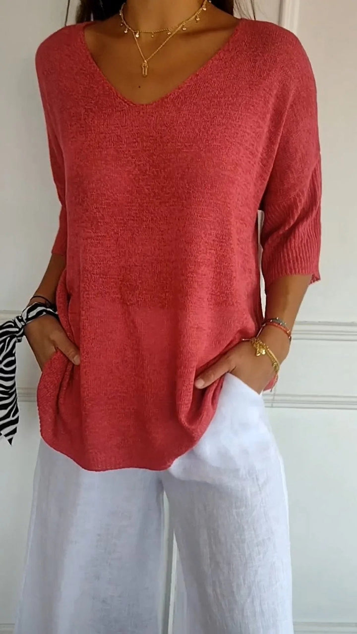 Top de punto liso con escote en V