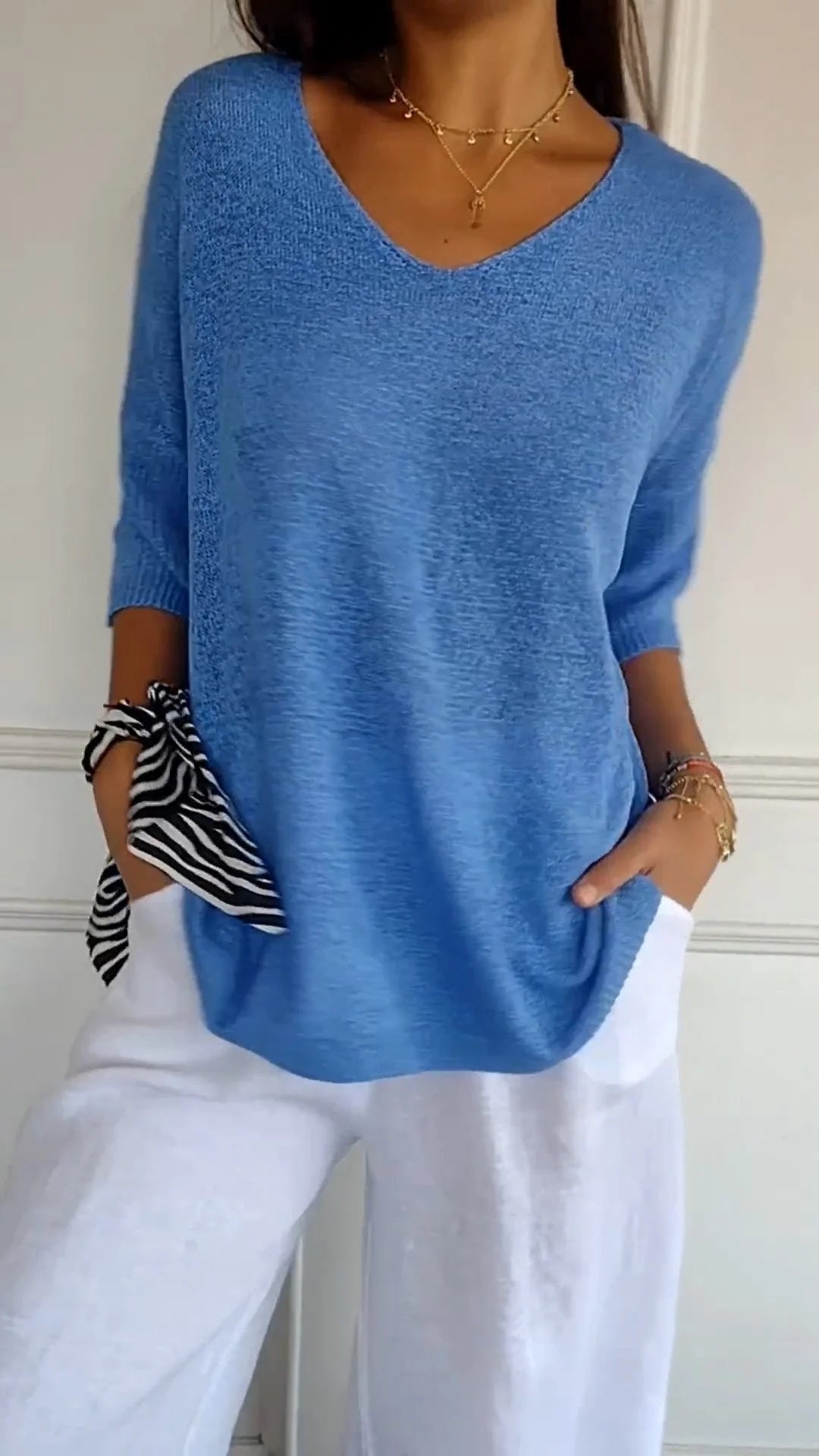 Top de punto liso con escote en V
