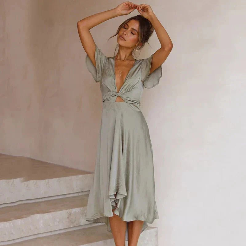 Rosella™ | Elegante vestido midi de manga flutter